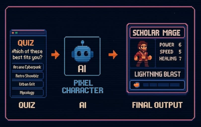 Diagram showing quiz input to AI to final pixel character output