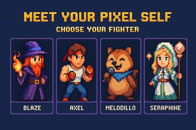 Pixel art characters: wizard, fighter, singing mascot, healer - Choose Your Fighter