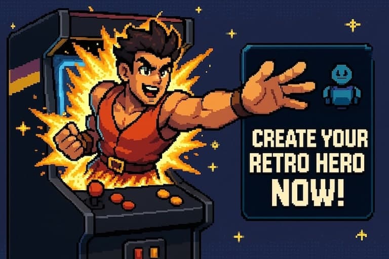 Arcade machine with character reaching out, text says Create Your Retro Hero Now!