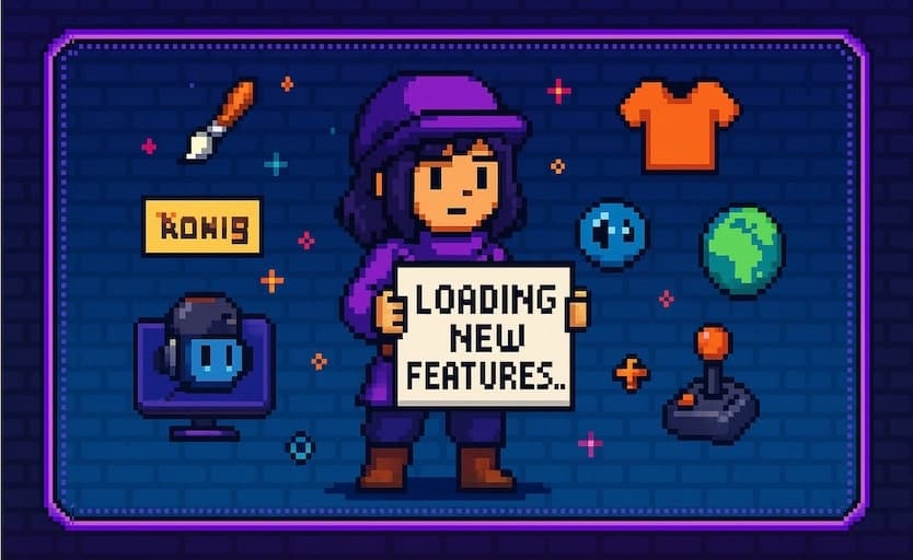 Pixel character holding a sign saying Loading New Features