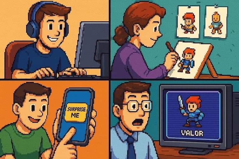 Collage showing diverse people enjoying creating pixel art characters