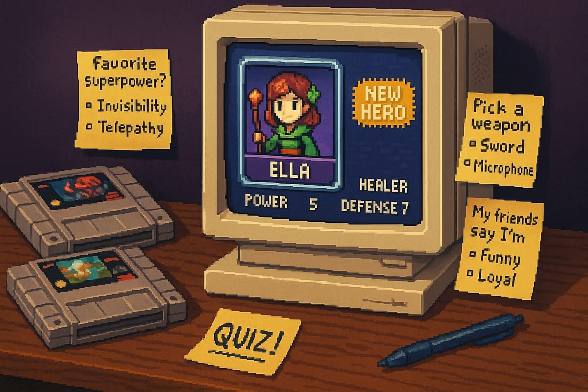 Pixel art character on a retro monitor with quiz elements around it